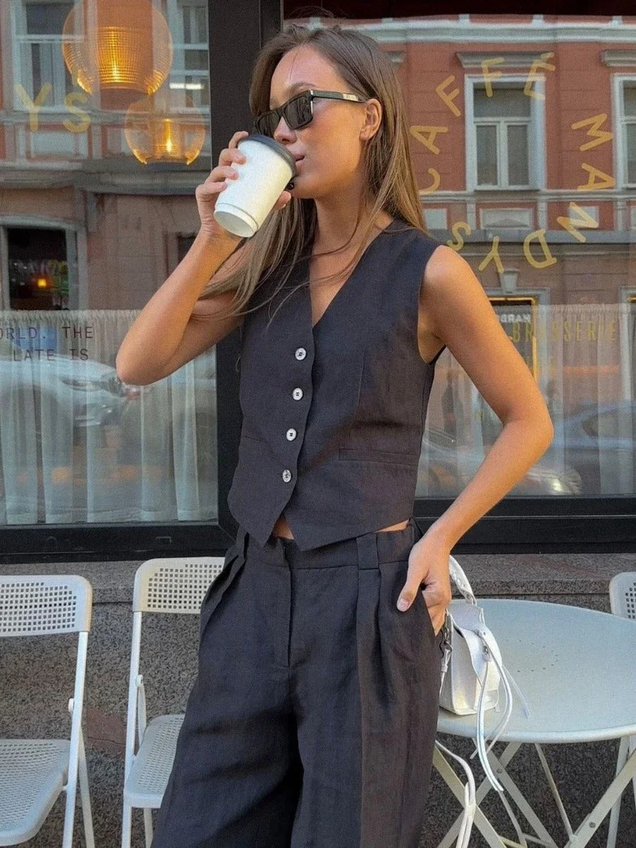 Jillian - Linen Vest & Pants - Two-Piece Set