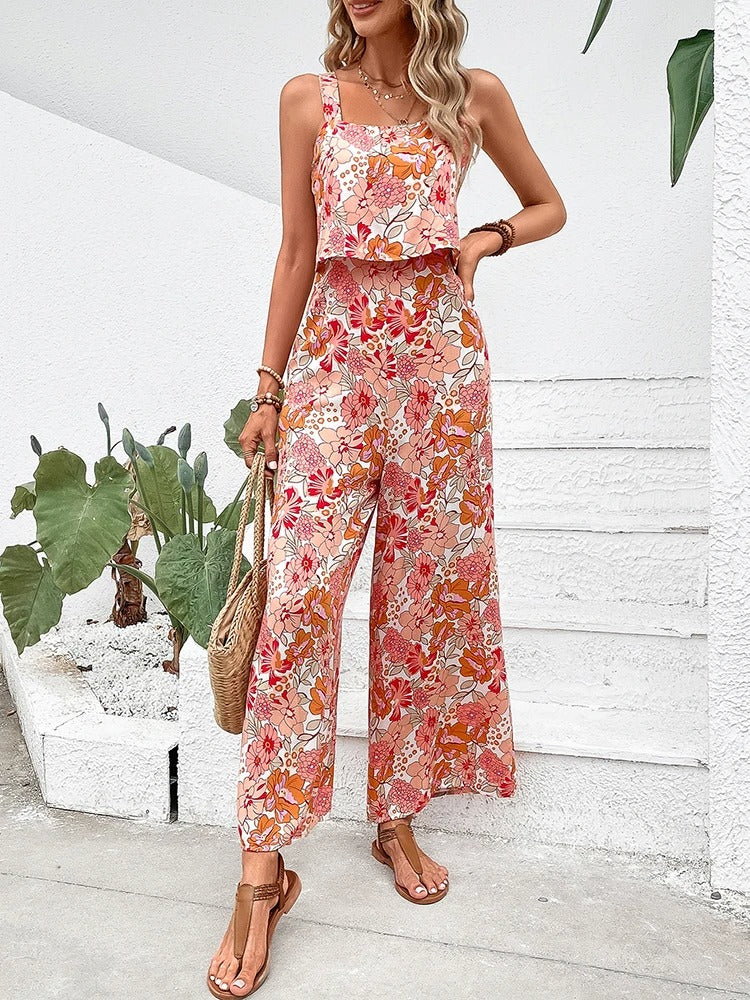 Joselyn - Backless Casual Jumpsuit - Floral Pattern