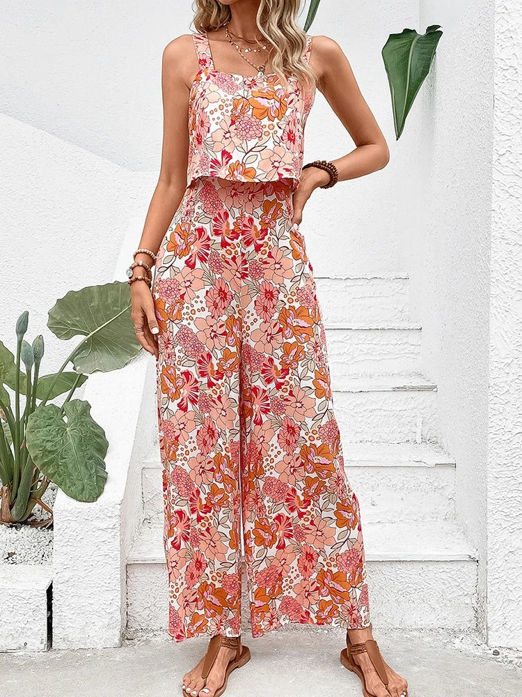 Joselyn - Backless Casual Jumpsuit - Floral Pattern